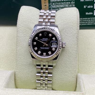 ’ Rolex Datejust 179174 White Gold Steel Black Diamond Dial Ladies