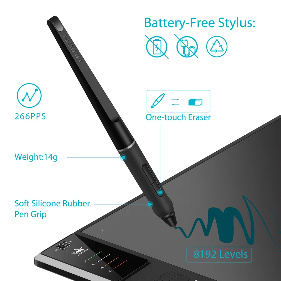 Huion WH1409 V2 Wireless Graphics Drawing Tablet Battery Frees Pen Tilt Support - Image 3 of 4