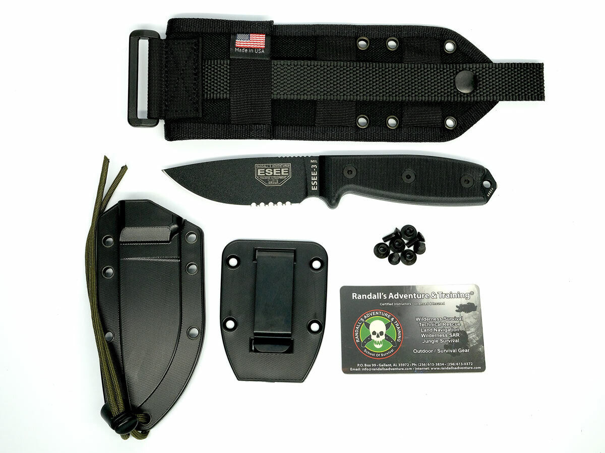 ESEE 3MIL-S-BLK Black Serrated Fixed Blade Knife Black G10 w/ MOLLE Sheath