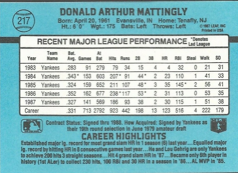 1988 Donruss Don Mattingly 217 New York Yankees Baseball eBay