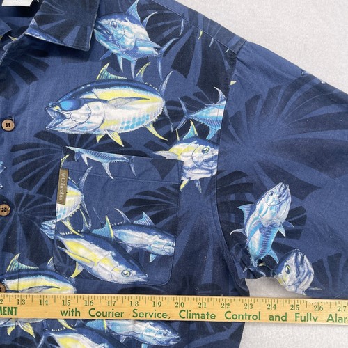 COLUMBIA Shirt Mens L River Lodge Tuna Fish Print Button Up Short Sleeve Blue - Picture 10 of 12