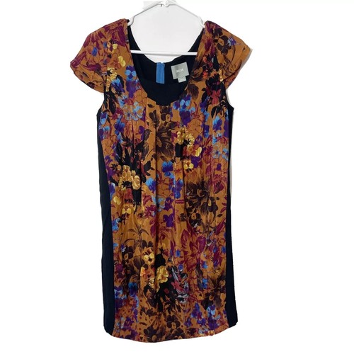 Anthropologie Maeve Pintura Silk Floral Shift Mini Dress Brown Size S Scoop Neck