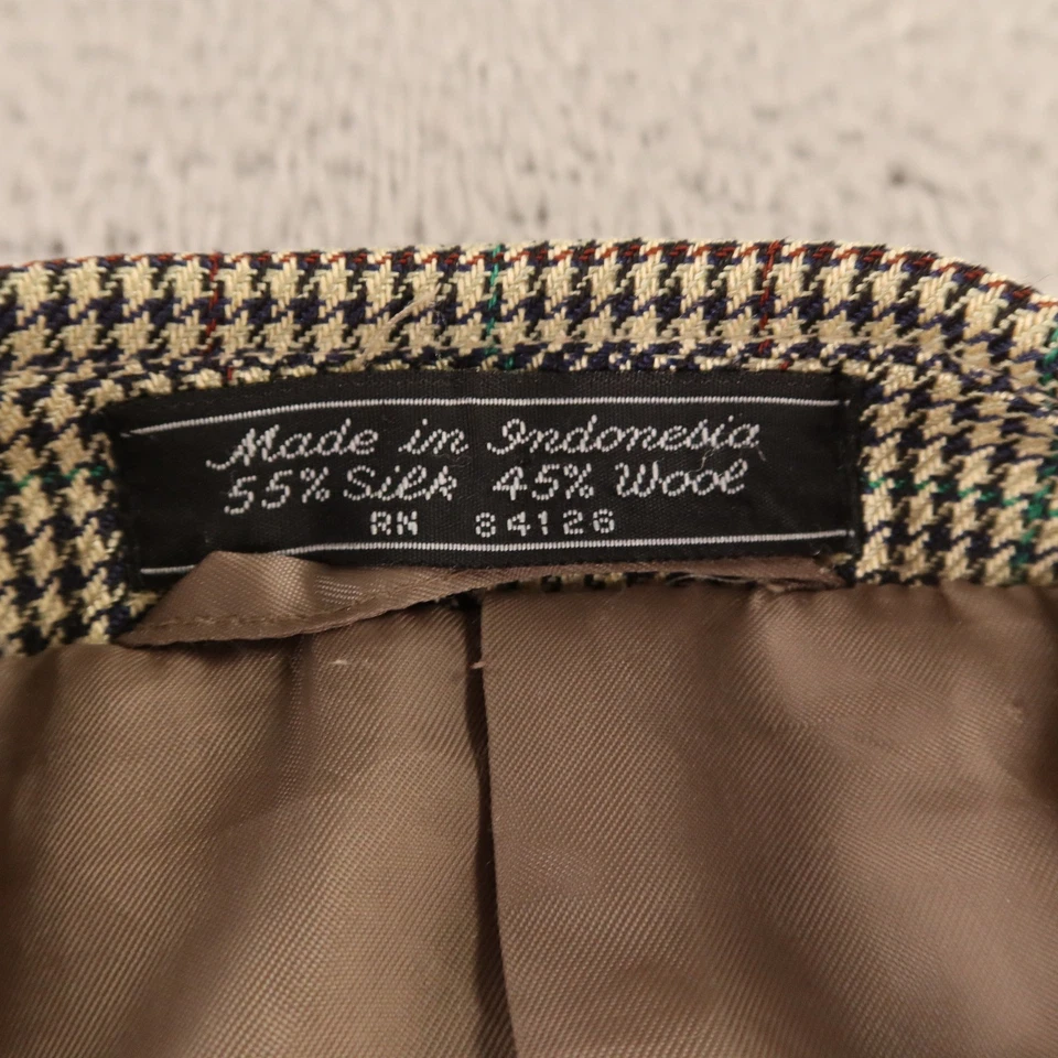 VTG Jacket XL XLT 48L Blue Beige Houndstooth Gun Check Silk Wool Blazer - Image 3 of 4