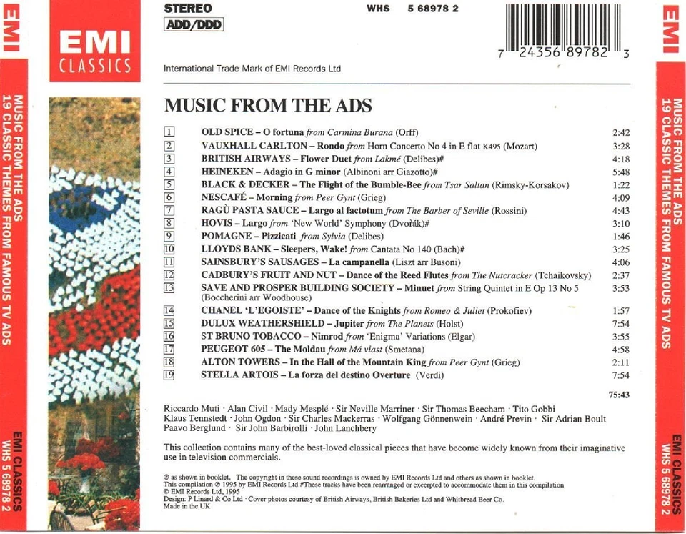 Various - Music From The Ads (CD 1995) Orff; Bach; Grieg; Verdi; Delibes; Elgar - Image 2 of 2