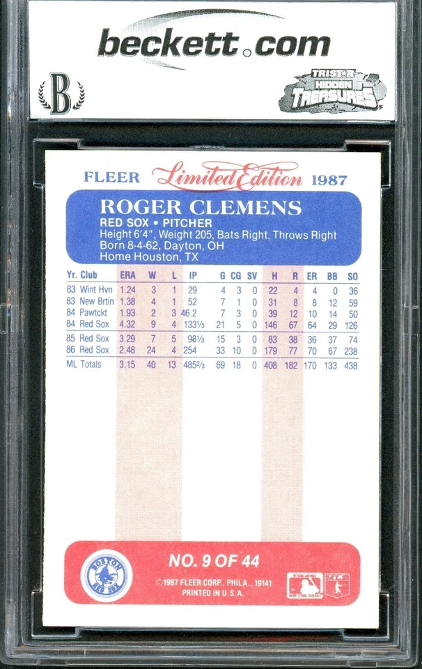1987 Fleer Limited Edition Baseball Superstars - Roger Clemens #9 BCCG 10 - Image 2 of 2