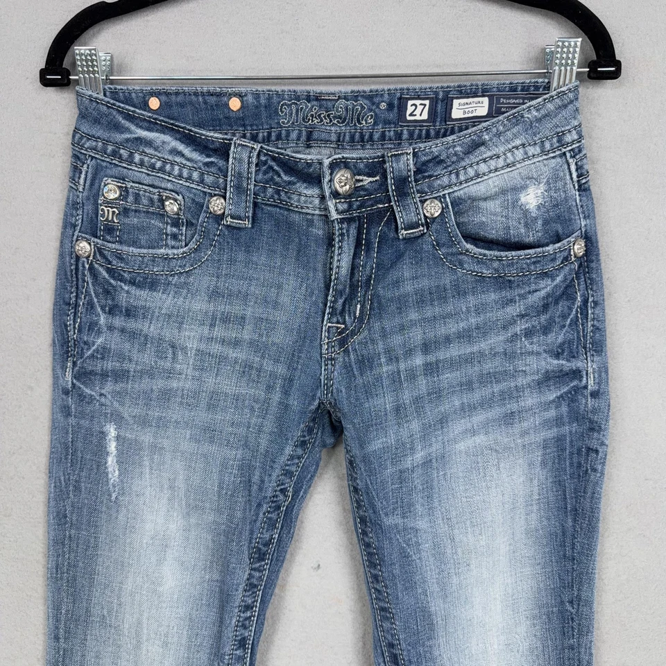 Miss Me Jeans Womens 27 Blue Signature Boot Embellished Back Pockets Denim - Image 2 of 4