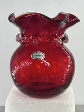 Vintage Rainbow Crackle Glass Red Hand Blown Ruffle Edge Vase with Sticker USA