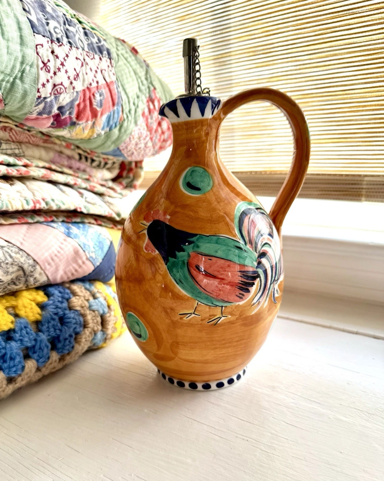 La Ceramica V.B.C. Italian Hand Painted Rooster Olive Oil Cruet Dispenser