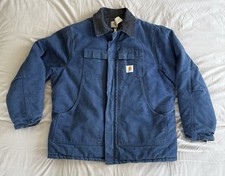 Vintage Carhartt Blanket Lined Work Jacket Blue Chore Coat Corduroy Collar Sz 50
