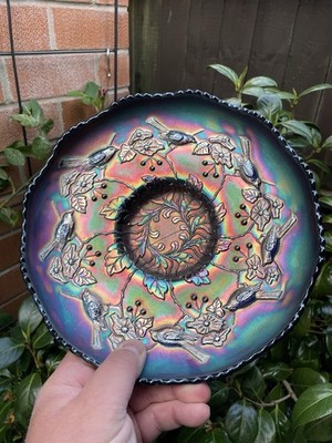 KARNEVALSGLAS ~ SELTENE FENTON 10'' BLAUE VÖGEL & KIRSCHEN SCHWIMMSCHALE ~