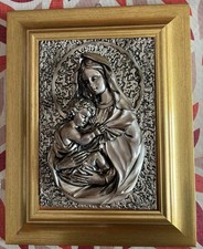 MADONNA CON BAMBINO 41 X 32 cm QUADRO ICONA RILIEVO PLACATO ARGENTO 