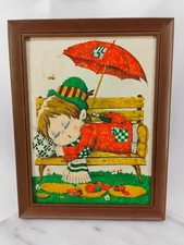 Vintage Artex Liquid Embroidery Painting On Material Hobo Sleeping On Bench 7x9"