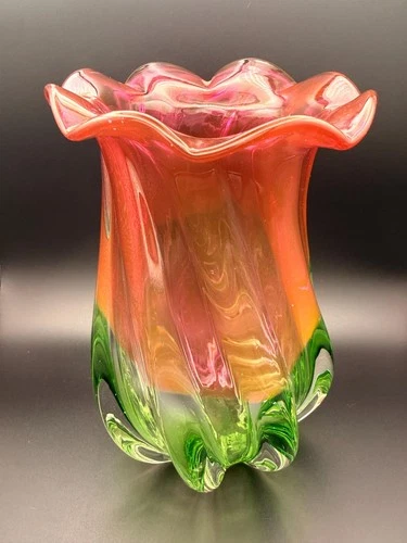 Vintage Murano Style Ruffled Art Glass Vase Red Green Heavy