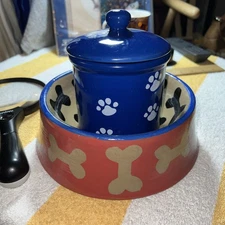 VTG Handcrafted Stoneware Dog Dish Art Bowl Signed w/treat jar ceramic  