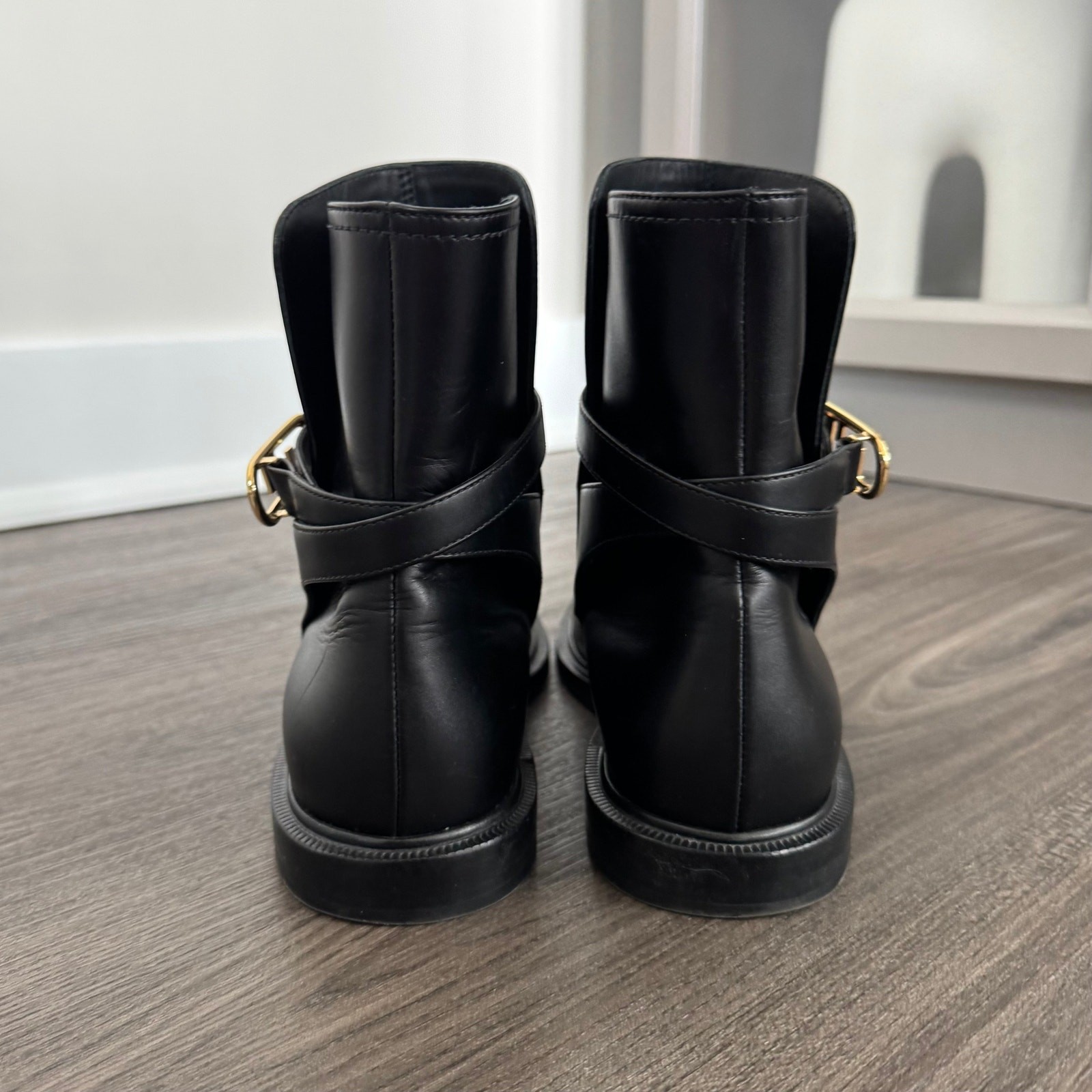 Fendi O'Lock Black Leather Ankle Bootie 37.5 Gold FF Logo Hardware Decor Boots image 4