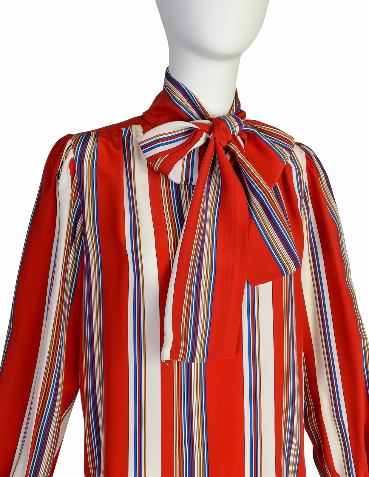Camicia Yves Saint Laurent Vintage SS 1982 Rossa Multicolore Righe Seta Lavalliere