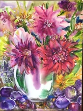 Flowers and  Plums 3.Original Watercolor Painting.
