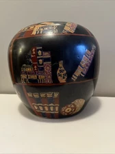 Vtg Three Hands Corp Embossed Black Chunky Vase Library Book Pattern