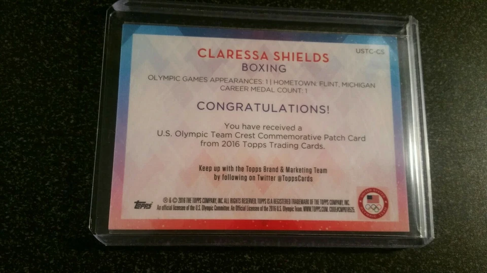 2016 Topps U.S. Olympic commemorative Crest Patch Claressa Shields 41/99 RC - Image 2 of 2