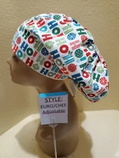 Ho Ho Ho Decorated Christmas Women's Euro/Chef Surgical Scrub Hat/Cap Handmade