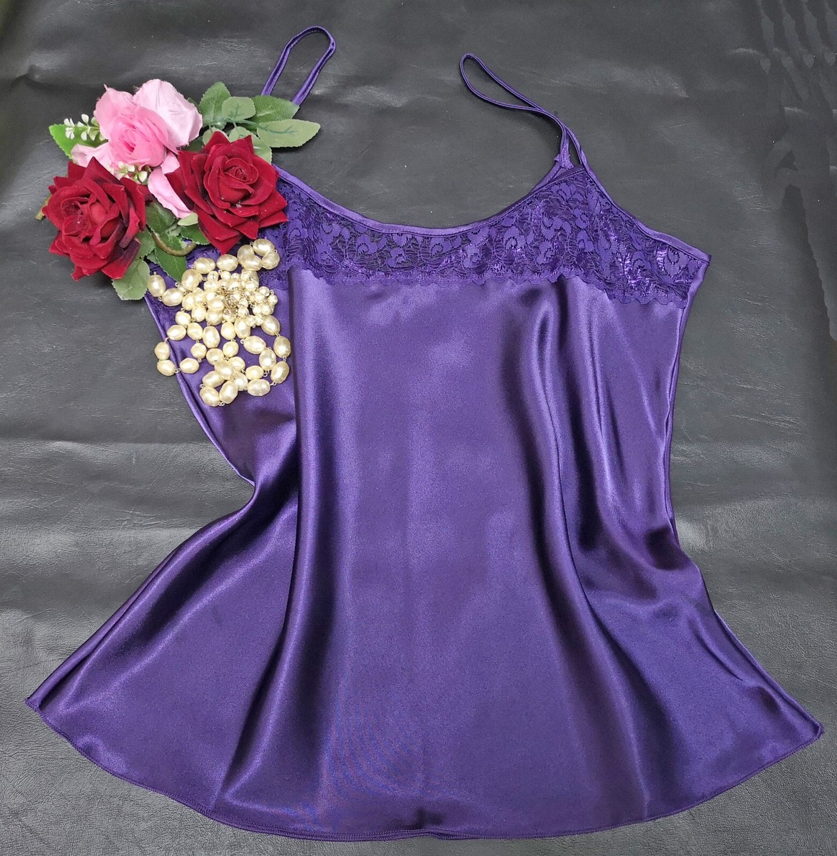 Stunning Women's Lace Satin Camisole Top Cami Vest Purple UK Made Size 12  (21060