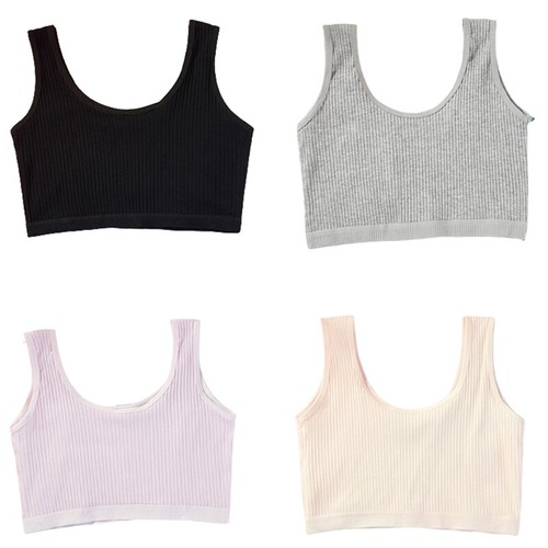 Teenage Girl Cotton Training Bra Ribbed Solid Wide Strap Sports Bralette Vest