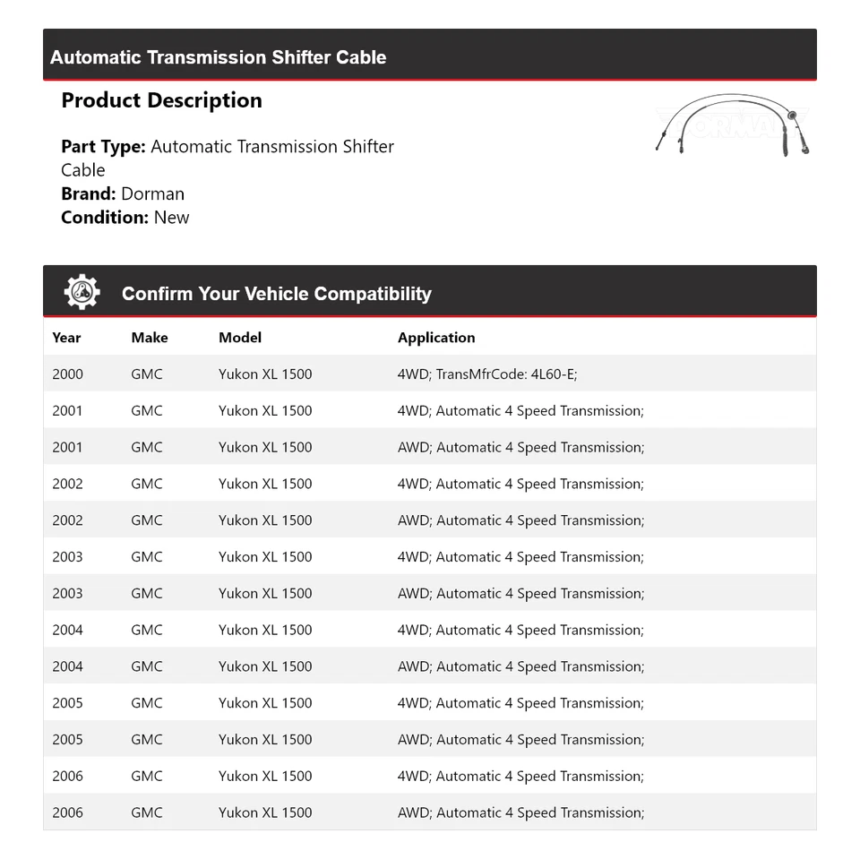 Cable de cambio de transmisión automática 2001 para GMC Yukon XL 1500 2000-2006 Dorman Foto 2 de 4