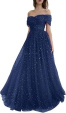 Sevintage Sparkly Tulle Prom Dresses for Women 2023 Off shoulder Pleated Formal 