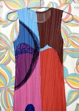 Issey Miyake Pleats Please Inspired Colorful Abstract Pattern Long Dress Slim