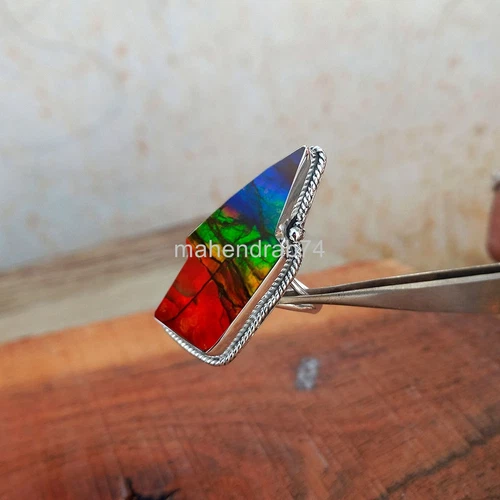 Ammolite Lightning Bolt 925 Silver Handmade Bohemian Women Rings Jewelry M060