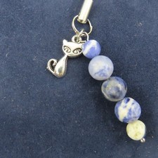 KITTY CAT Cell Phone Charm Lariat Lanyard Split Ring Blue White Sodalite Beads