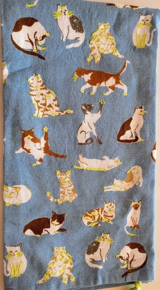 Anthropologie Cat Love Dish Towel Kitchen Hand Tea Blue White Tassels - Image 3 of 4