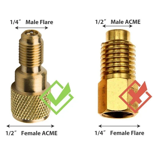 Brass A/C Refrigerant Connector Tank Adapter 1/4" SAE Male to 1/2" ACME Female