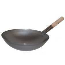 Wok Pfanne 33 cm Ø China Gastronomie rund Boden Carbon Stahl Holzgriff Gas Herd 