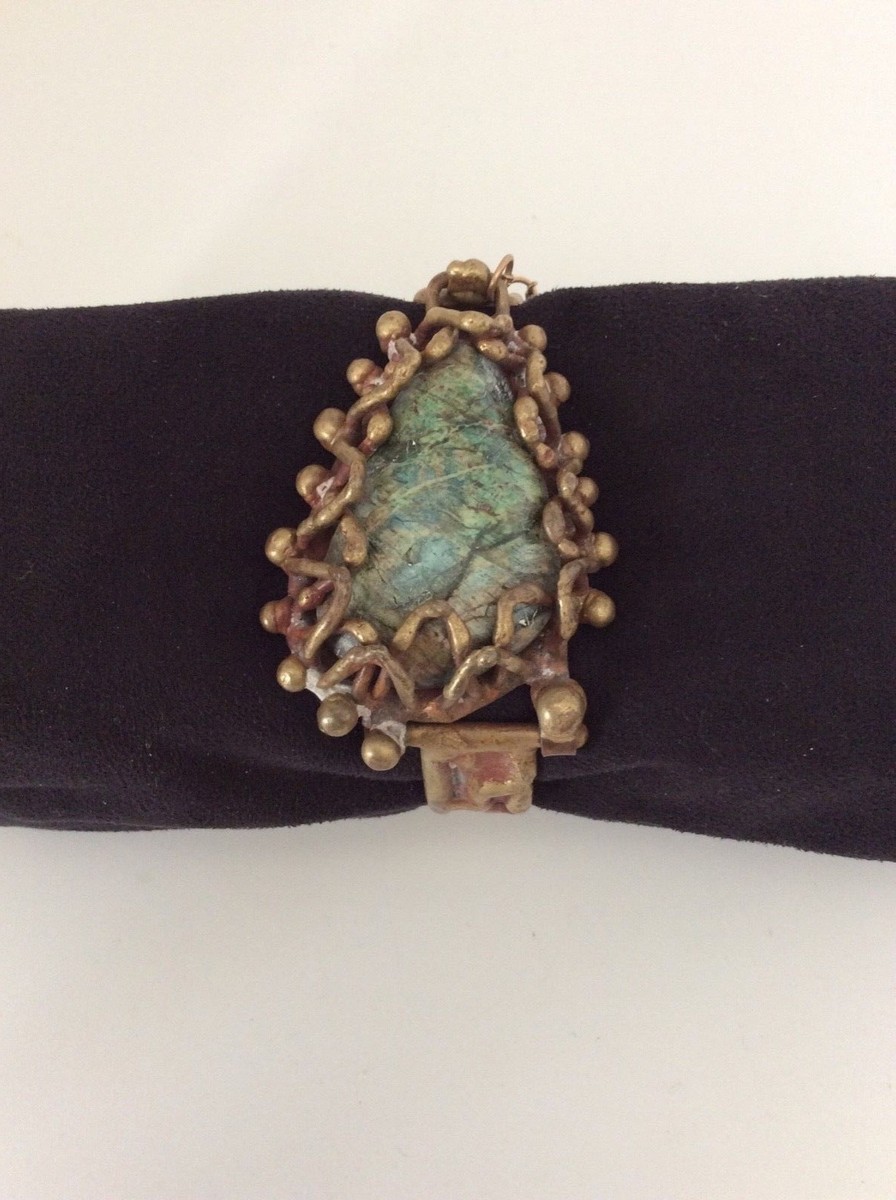 Bracelet Ajustable Brutaliste Vintage En Malachite Et Laiton - Créateur Pal Kepenyes - Occasion