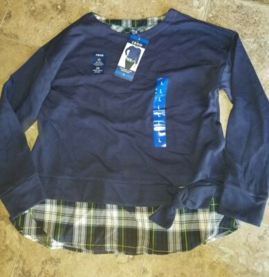 Womens Izod Sweatshirt Layered Plaid Peacoat Navy Blue Large