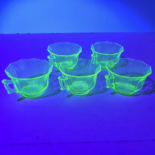 Vintage Set 5 Uranium Glass Handled Cups Vaseline Green Depression Glass UV Glow