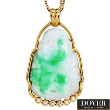Estate Diamond Jade 18K Yellow Gold Carved Buddha Pendant 9.9 Grams NR