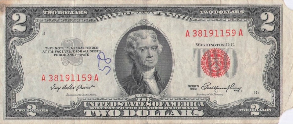 1953 $2 US Red Seal Note - Antique Currency, Average Circulated Condition