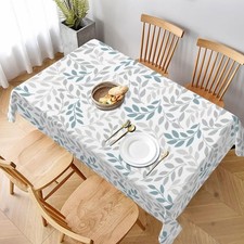 Spring Grey Teal Leaf Tablecloth 60 x 120 Inch Rectangle, Summer Watercolor L...