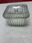 Vintage Federal Glass Clear Ribbed Square Refrigerator Dish With Lid