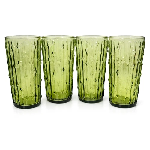 VTG Anchor Hocking Tahiti Avocado Green 16 oz Tumblers Set of 4 Textured Bamboo