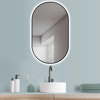 HOKO Badspiegel mit Beleuchtung Oval Schwarz Rahmen mit Lichfarbe Wechsel
