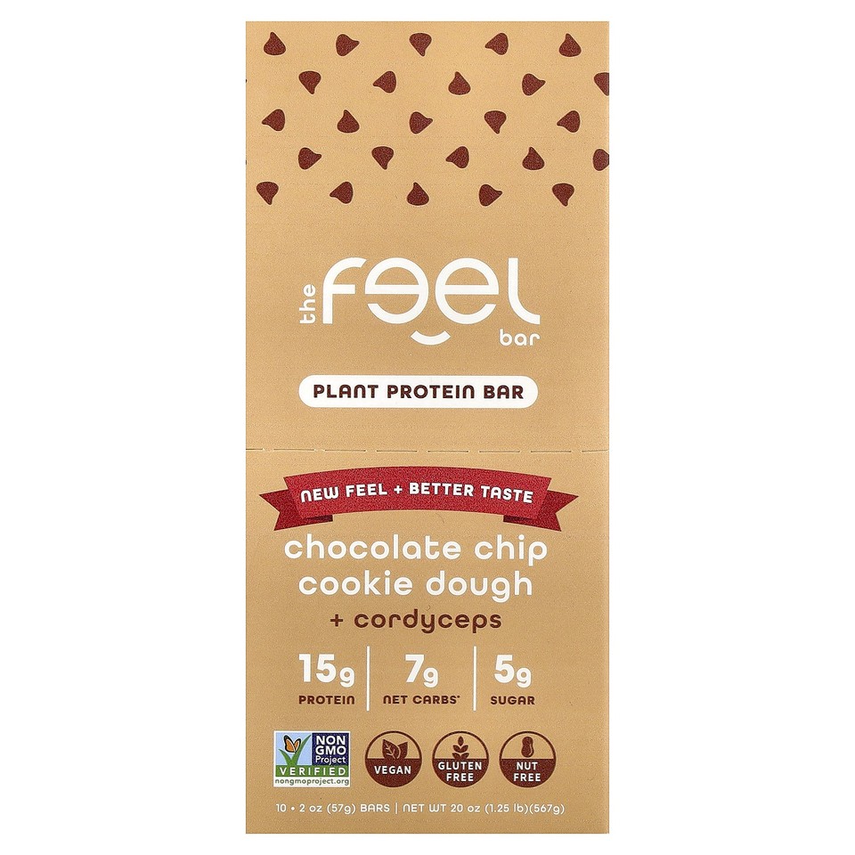 Plant Protein Bars, Chocolate Chip Cookie Dough + Cordyceps, 10 Bars, 2 oz (57