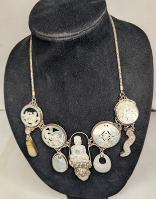 Vintage Sajen Sterling Silver Snake Necklace & Mother Of Pearl 23 ' Long