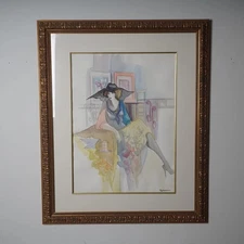 Patricia Govezensky- Original Watercolor on Paper "Seated Lady in Black Hat"