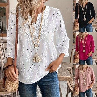 Embroidered Womens V Neck T Shirt Loose Casual Top Solid Color Spring Autumn