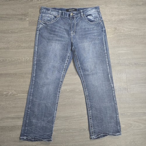 True Luck Jeans Mens 38x30 Blue Straight Thick Stitch Embellished Pocket Denim - Picture 2 of 12
