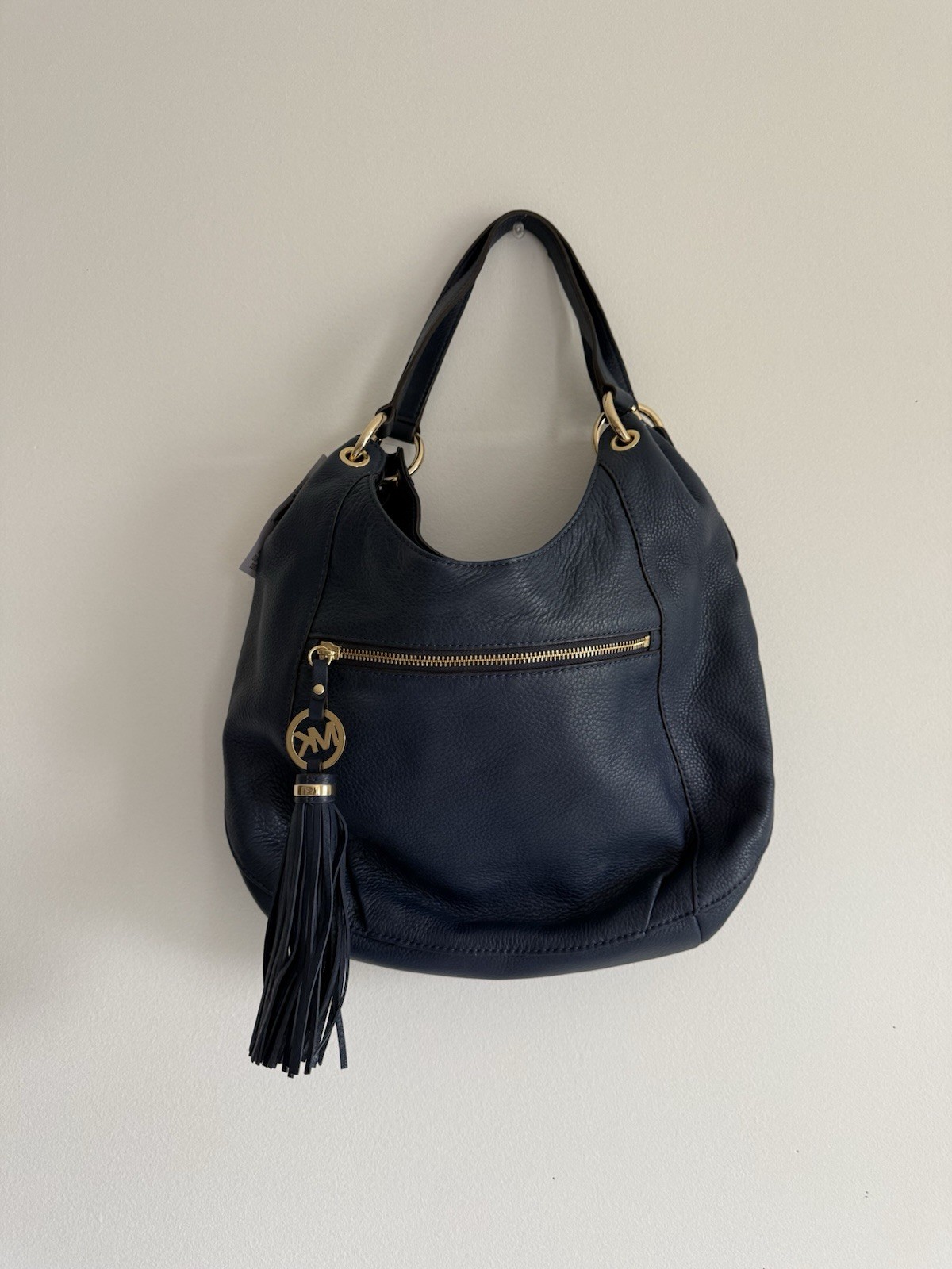 ✿ Michael Kors Navy Leather Charm Tassel Large Chain Shoulder Tote Bag