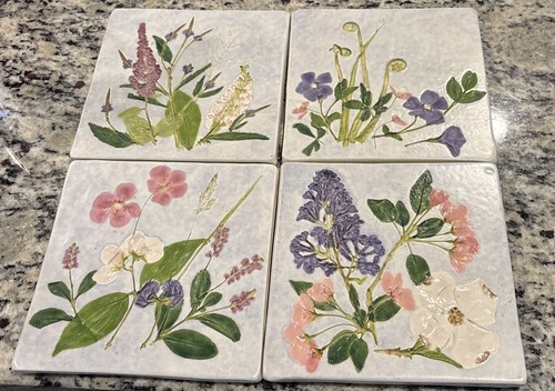 Salt Marsh Pottery Dartmouth MA Tile Trivet Impressed Floral- LOT of 4